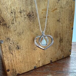 Sweet Opal & Rhinestone Heart Pendant on 18" Box Chain. 
925 Sterling Silver.